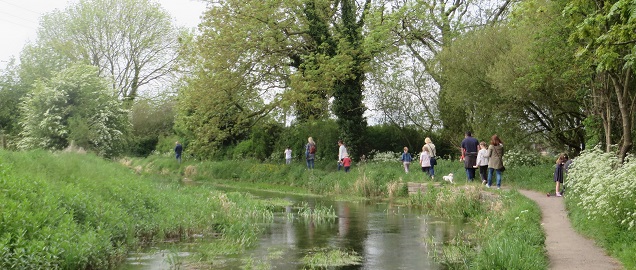 people on the seed bombing walk on the riverside path Sleaford